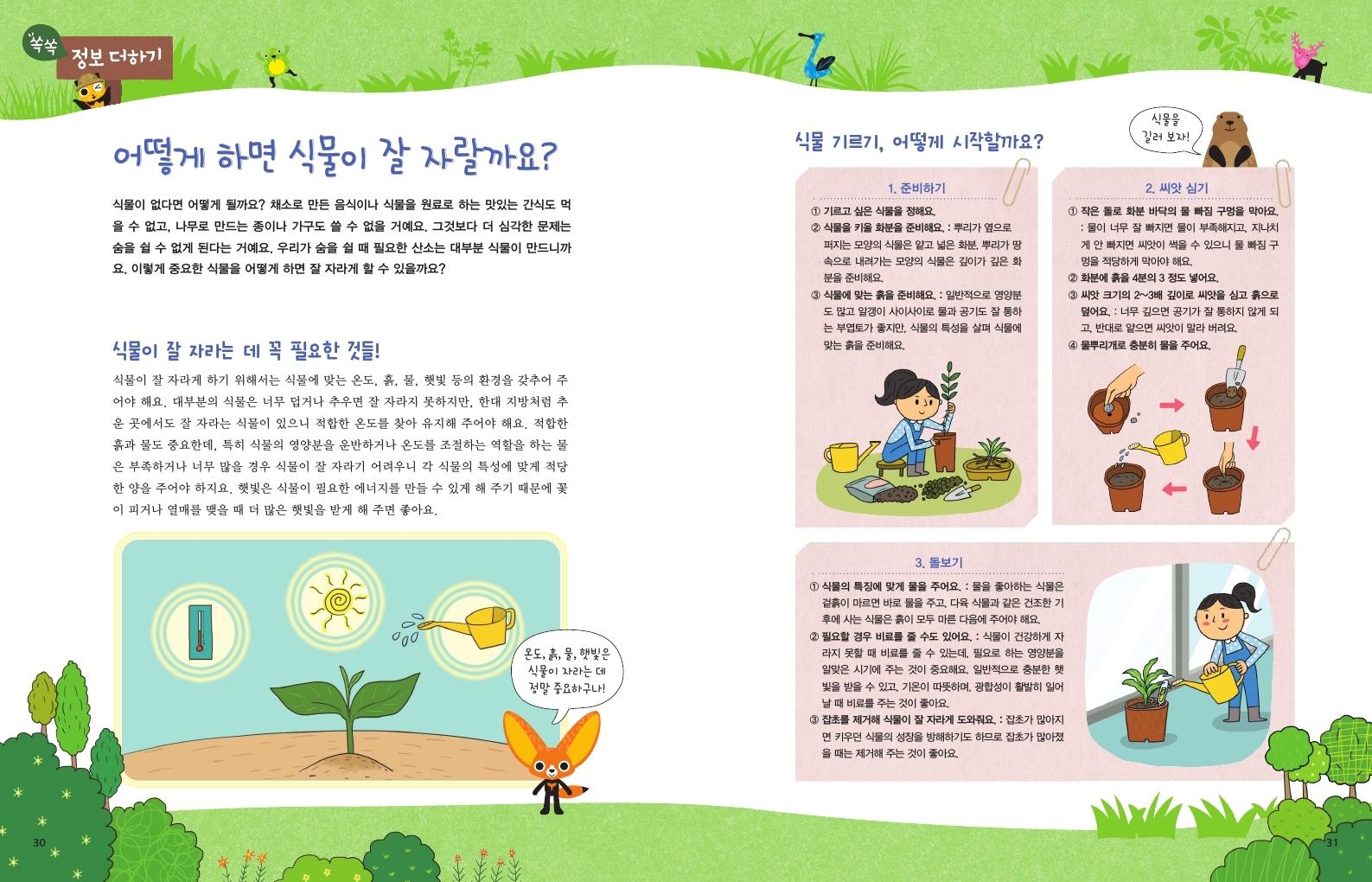 쏙쏙 정보더하기 어떻게 하면 식물이 잘 자랄까요? 식물이 없다면 어떻게 될까요? 채소로 만든 음식이나 식물을 원료로 하는 맛있는 간식도 먹 을 수 없고, 나무로 만드는 종이나 가구도 쓸 수 없을 거예요. 그것보다 더 심각한 문제는 숨을 쉴 수 없게 된다는 거예요. 우리가 숨을 쉴 때 필요한 산소는 대부분 식물이 만드니까 요. 이렇게 중요한 식물을 어떻게 하면 잘 자라게 할 수 있을까요? 식물이 잘 자라는 데 꼭 필요한 것들! 식물이 잘 자라게 하기 위해서는 식물에 맞는 온도, 흙, 물, 햇빛 등의 환경을 갖추어 주 어야 해요. 대부분의 식물은 너무 덥거나 추우면 잘 자라지 못하지만, 한대 지방처럼 추 운 곳에서도 잘 자라는 식물이 있으니 적합한 온도를 찾아 유지해 주어야 해요. 적합한 흙과 물도 중요한데, 특히 식물의 영양분을 운반하거나 온도를 조절하는 역할을 하는 물 은 부족하거나 너무 많을 경우 식물이 잘 자라기 어려우니 각 식물의 특성에 맞게 적당 한 양을 주어야 하지요. 햇빛은 식물이 필요한 에너지를 만들 수 있게 해 주기 때문에 꽃 이 피거나 열매를 맺을 때 더 많은 햇빛을 받게 해 주면 좋아요. 식물 기르기, 어떻게 시작할까요? 1. 준비하기 0 1 기르고 싶은 식물을 정해요. 2 식물을 키울 화분을 준비해요. : 뿌리가 옆으로 퍼지는 모양의 식물은 얕고 넓은 화분, 뿌리가 땅 속으로 내려가는 모양의 식물은 깊이가 깊은 화 분을 준비해요. 3 식물에 맞는 흙을 준비해요. : 일반적으로 영양분 도 많고 알갱이 사이사이로 물과 공기도 잘 통하 는 부엽토가 좋지만, 식물의 특성을 살펴 식물에 맞는 흙을 준비해요. 식물을 길러보자! 2. 씨앗 심기 1 작은 돌로 화분 바닥의 물 빠짐 구멍을 막아요. 물이 너무 잘 빠지면 물이 부족해지고, 지나치 게 안 빠지면 씨앗이 썩을 수 있으니 물 빠짐 구 멍을 적당하게 막아야 해요. 2 화분에 흙을 4분의 3 정도 넣어요. 3 씨앗 크기의 2~3배 깊이로 씨앗을 심고 흙으로 덮어요. 너무 깊으면 공기가 잘 통하지 않게 되 고, 반대로 얕으면 씨앗이 말라버려요 4 물뿌리개로 충분히 물을 주어요. 온도, 흙, 물, 햇빛은 식물이 자라는 데 정말 중요하구나! 3. 돌보기 1 식물의 특징에 맞게 물을 주어요. : 물을 좋아하는 식물은 겉흙이 마르면 바로 물을 주고, 다육 식물과 같은 건조한 기 후에 사는 식물은 흙이 모두 마른 다음에 주어야 해요. 2 필요할 경우 비료를 줄 수도 있어요. : 식물이 건강하게 자 라지 못할 때 비료를 줄 수 있는데, 필요로 하는 영양분을 알맞은 시기에 주는 것이 중요해요. 일반적으로 충분한 햇 빛을 받을 수 있고, 기온이 따뜻하며, 광합성이 활발히 일어 날 때 비료를 주는 것이 좋아요. 3 잡초를 제거해 식물이 잘 자라게 도와줘요. : 잡초가 많아지 면 키우던 식물의 성장을 방해하기도 하므로 잡초가 많아졌 을 때는 제거해 주는 것이 좋아요