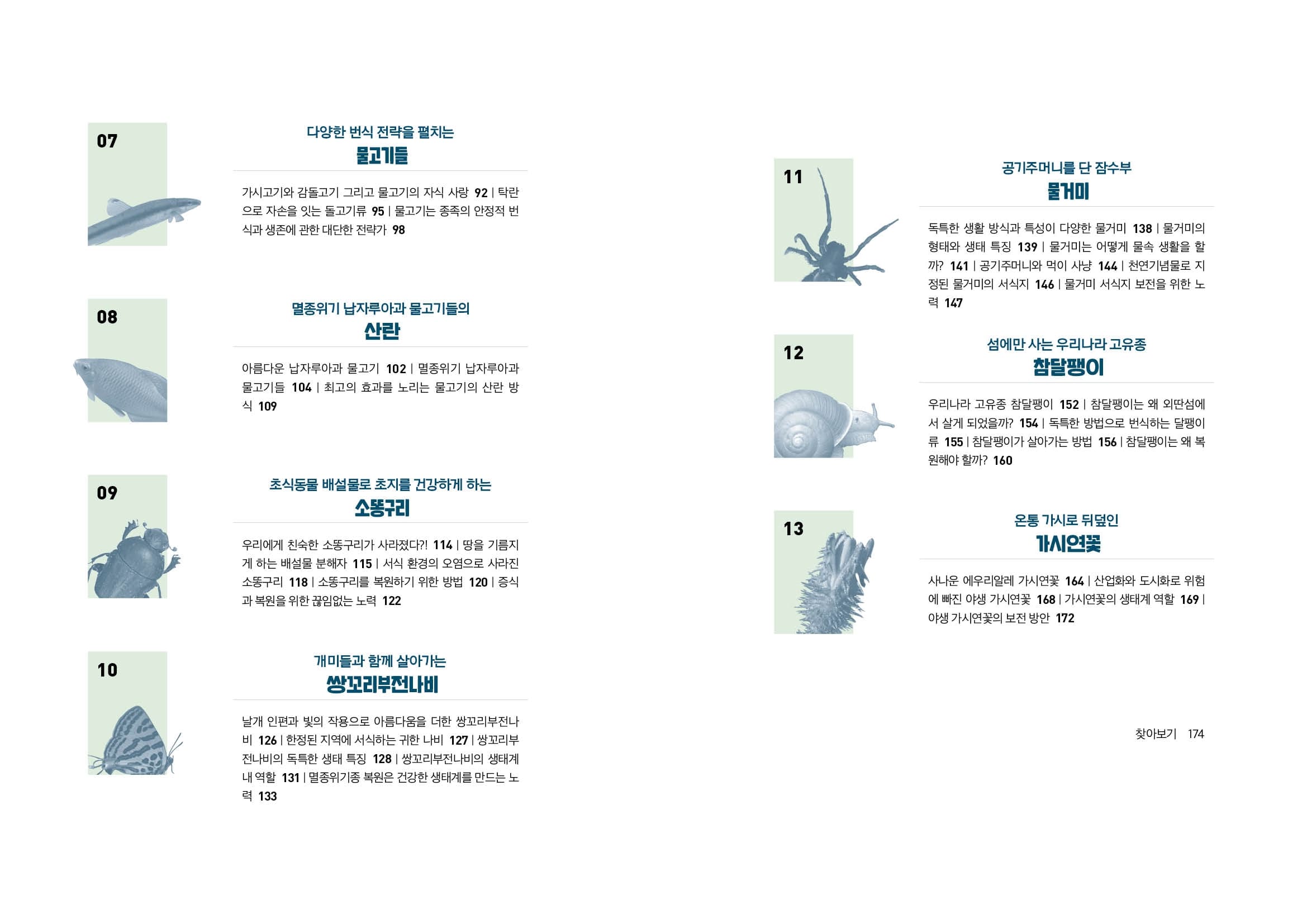 다양한 번식 전략을 펼치는 물고기를 공기주머니를 단 잠수부 물거미 가시고기와 감돌고기 그리고 물고기의 자식 사랑 92 | 탁란 으로 자손을 잇는 돌고기류 95 | 물고기는 종족의 안정적 번 식과 생존에 관한 대단한 전략가 98 독특한 생활 방식과 특성이 다양한 물거미 138 | 물거미의 형태와 생태 특징 139 | 물거미는 어떻게 물속 생활을 할 까? 141 | 공기주머니와 먹이 사냥 144 | 천연기념물로 지 정된 물거미의 서식지 146 | 물거미 서식지 보전을 위한 노 력 1497 멸종위기 납자루아과 물고기들의 산란 섬에만 사는 우리나라 고유종 달팽이 아름다운 납자루아과 물고기 102 | 멸종위기 납자루아과 물고기들 104 | 최고의 효과를 노리는 물고기의 산란 방 식 109 우리나라 고유종 참달팽이 152 | 참달팽이는 왜 외딴섬에 서 살게 되었을까? 154 | 독특한 방법으로 번식하는 달팽이 류 155 | 참달팽이가 살아가는 방법 156 | 참달팽이는 왜 복 원해야 할까? 160 초식동물 배설물로 초지를 건강하게 하는 소똥구리 온통 가시로 뒤덮인 가시연 우리에게 친숙한 소똥구리가 사라졌다?! 114 | 땅을 기름지 게 하는 배설물 분해자 115 | 서식 환경의 오염으로 사라진 소똥구리 118 | 소똥구리를 복원하기 위한 방법 120 | 증식 과 복원을 위한 끊임없는 노력 122 사나운 에우리알레 가시연꽃 164 | 산업화와 도시화로 위험 에 빠진 야생 가시연꽃 168 | 가시연꽃의 생태계 역할 169 | 야생 가시연꽃의 보전 방안 172 개미들과 함께 살아가는 쌍꼬리부전나비 찾아보기 174 날개 인편과 빛의 작용으로 아름다움을 더한 쌍꼬리부전나 비 126 | 한정된 지역에 서식하는 귀한 나비 127 | 쌍꼬리부 전나비의 독특한 생태 특징 128 | 쌍꼬리부전나비의 생태계 내 역할 131 | 멸종위기종 복원은 건강한 생태계를 만드는 노 력 133