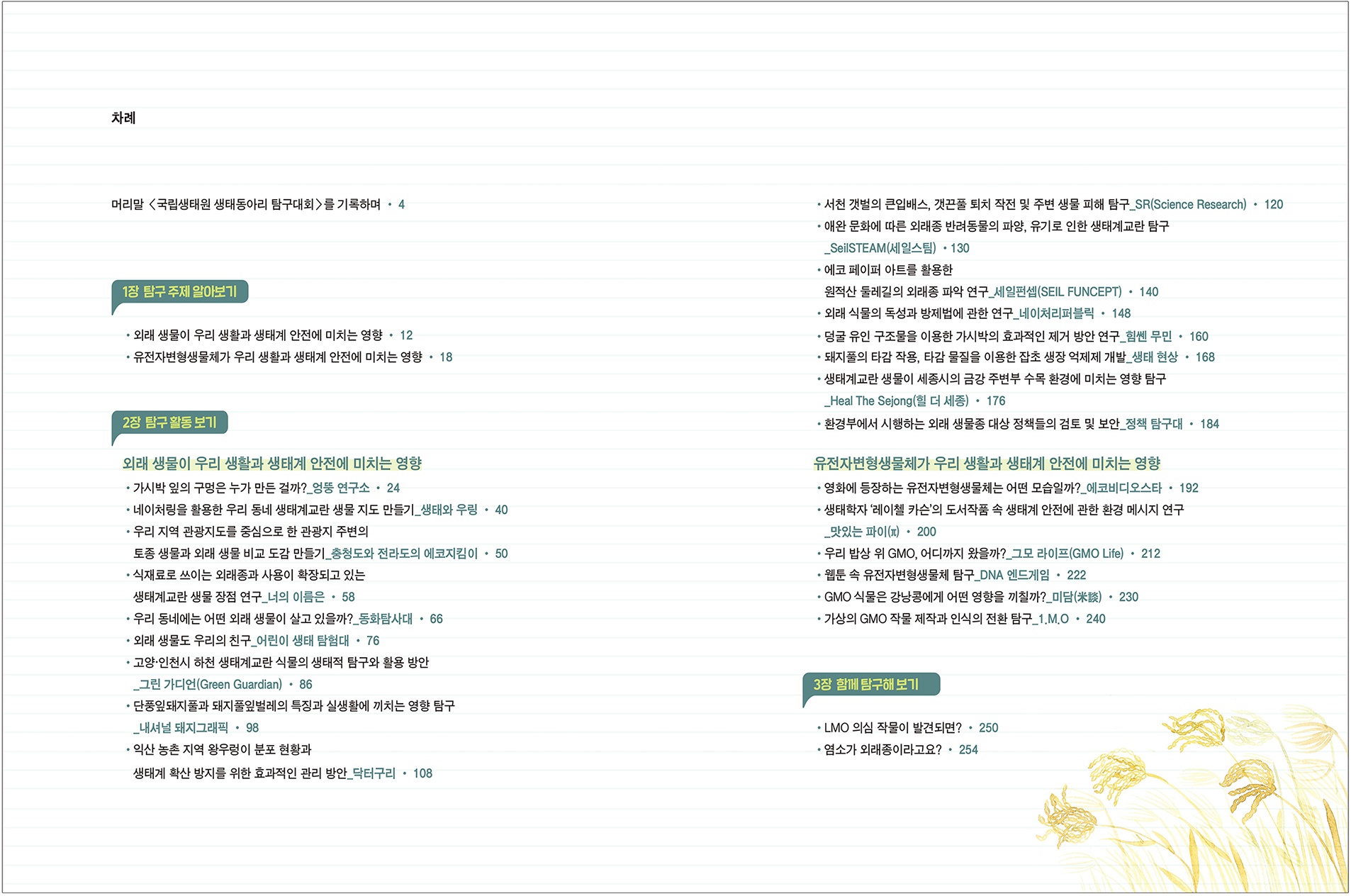 차례 머리말 <국립생태원 생태동아리 탐구대회>를 기록하며 • 4 1장 탐구 주제 알아보기 ・외래 생물이 우리 생활과 생태계 안전에 미치는 영향.12 ᆞ유전자변형생물체가 우리 생활과 생태계 안전에 미치는 영향 • 18 2장 탐구활동보기 외래 생물이 우리 생활과 생태계 안전에 미치는 영향 • 가시박 잎의 구멍은 누가 만든 걸까?_엉뚱 연구소 • 24 •네이처링을 활용한 우리 동네 생태계교란 생물 지도 만들기_생태와 우링 • 40 ・우리 지역 관광지도를 중심으로 한 관광지 주변의 토종 생물과 외래 생물 비교 도감 만들기_충청도와 전라도의 에코지킴이 • 50 •식재료로 쓰이는 외래종과 사용이 확장되고 있는 생태계교란 생물 장점 연구_너의 이름은 • 58 ・우리 동네에는 어떤 외래 생물이 살고 있을까?_동화탐사대 · 66 •외래 생물도 우리의 친구_어린이 생태 탐험대 • 76 ·고양·인천시 하천 생태계교란식물의 생태적 탐구와 활용 방안 _그린 가디언(Green Guardian). 86 • 단풍잎돼지풀과 돼지풀잎벌레의 특징과 실생활에 끼치는 영향 탐구 _내셔널 돼지그래픽 • 98 • 익산 농촌 지역 왕우렁이 분포 현황과 생태계 확산 방지를 위한 효과적인 관리 방안_닥터구리.108 •서천 갯벌의 큰입배스, 갯끈풀 퇴치 작전 및 주변 생물 피해 탐구_SR(Science Research)•120 •애완 문화에 따른 외래종 반려동물의 파양, 유기로 인한 생태계교란 탐구 _SeilSTEAM(세일스팀) •130 ᆞ에코 페이퍼 아트를 활용한 원적산 둘레길의 외래종 파악 연구_세일펀셉(SEIL FUNCEPT)ᆞ140 •외래식물의 독성과 방제법에 관한 연구_네이처리퍼블릭 • 148 •덩굴 유인 구조물을 이용한 가시박의 효과적인 제거 방안 연구_힘쎈 무민 • 160 ᆞ돼지풀의 타감 작용, 타감 물질을 이용한 잡초 생장 억제제 개발_생태 현상.168 •생태계교란 생물이 세종시의 금강 주변부 수목 환경에 미치는 영향 탐구 _Heal The Sejong (힐 더 세종) • 176 •환경부에서 시행하는 외래 생물종 대상 정책들의 검토 및 보안_정책 탐구대 • 184 유전자변형생물체가 우리 생활과 생태계 안전에 미치는 영향 •영화에 등장하는 유전자변형생물체는 어떤 모습일까?_에코비디오스타 • 192 •생태학자 '레이첼 카슨'의 도서작품 속 생태계 안전에 관한 환경 메시지 연구 _맛있는 파이(200 • 우리 밥상 위 GMO, 어디까지 왔을까?_그모 라이프(GMO Life)•212 • 웹툰 속 유전자변형생물체 탐구_DNA 엔드게임 • 222 •GMO 식물은 강낭콩에게 어떤 영향을 끼칠까?_미담(談.230 •가상의 GMO 작물 제작과 인식의 전환 탐구_1.M.O. 240 3장 함께 탐구해 보기 • LMO 의심 작물이 발견되면? • 250 • 염소가 외래종이라고요? • 254