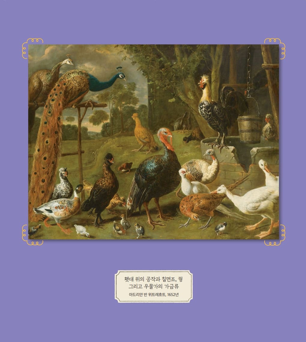 횃대 위의 공작과 칠면조, 꿩 그리고 우물가의 가금류 아드리안 반 위트레흐트, 1652년