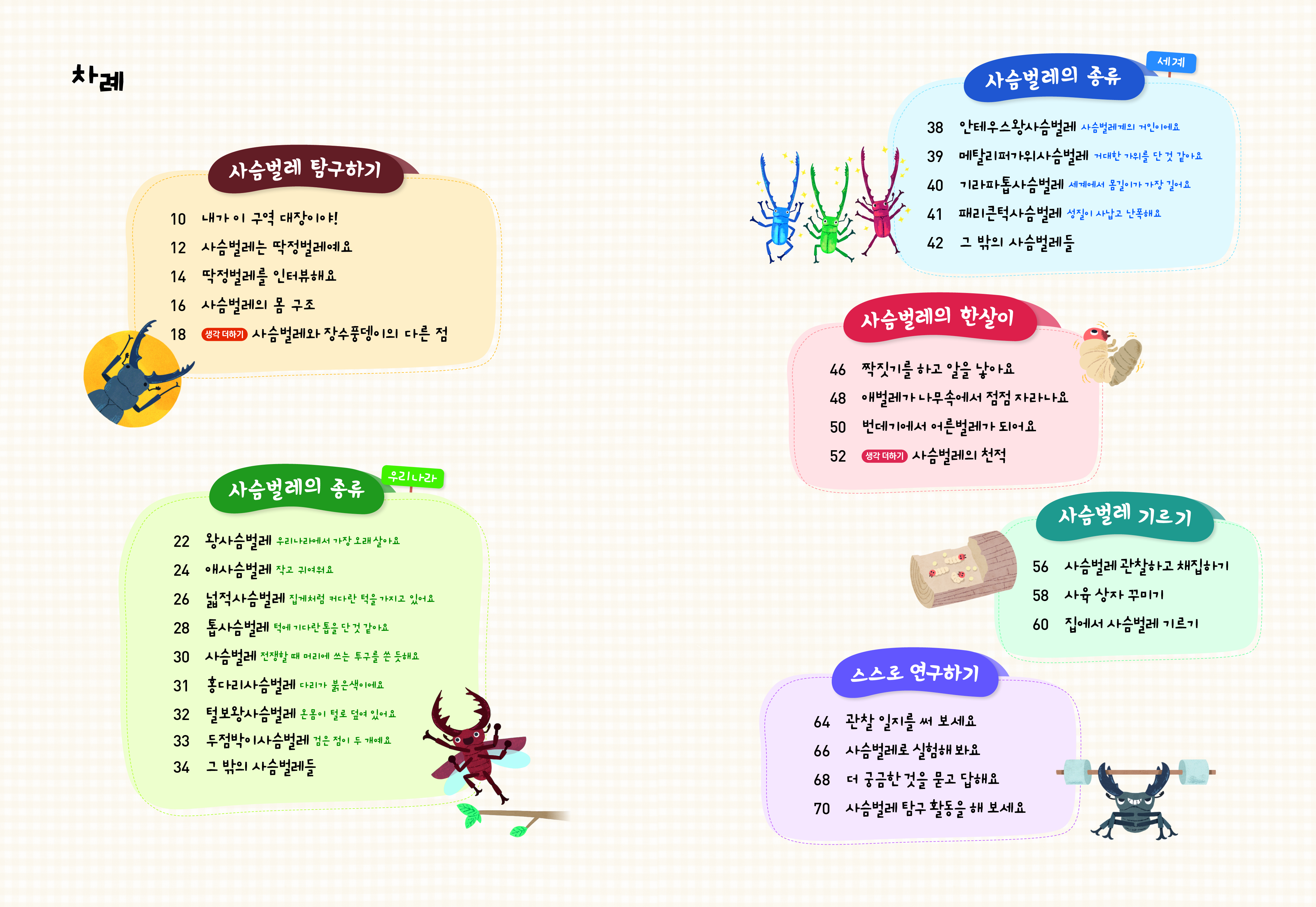 차례 사슴벌레 탐구하기 10 내가 이 구역 대장이야! 12 사슴벌레는 딱정벌레예요 14 딱정벌레를 인터뷰해요 16 사슴벌레의 몸 구조 18 생각 더하기 사슴벌레와 장수풍뎅이의 다른 점 사슴벌레의 종류 우리나라 22 왕사슴벌레 우리나라에서 가장 오래 살아요 24 애사슴벌레 작고 귀여워요 26 넓적사슴벌레 집게처럼 커다란 턱을 가지고 있어요 28 톱사슴벌레 턱에 기다란 톱을 단 것 같아요 30 사슴벌레 전쟁할 때 머리에 쓰는 투구를 쓴 듯해요 31 홍다리사슴벌레 다리가 붉은색이에요 32 털보왕사슴벌레 온몸이 털로 덮여 있어요 33 두점박이사슴벌레 검은 점이 두 개예요 34 그 밖의 사슴벌레들 사슴벌레의 종류 세계 38 안테우스왕사슴벌레 사슴벌레계의 거인이에요 39 메탈리퍼가위사슴벌레 거대한 가위를 단 것 같아요 40 기라파톱사슴벌레 세계에서 몸길이가 가장 길어요 41 패리큰턱사슴벌레 성질이 사납고 난폭해요 42 그 밖의 사슴벌레들 사슴벌레의 한살이 46 짝짓기를 하고 알을 낳아요 48 애벌레가 나무속에서 점점 자라나요 50 번데기에서 어른벌레가 되어요 52 생각 더하기 사슴벌레의 천적 사슴벌레 기르기 56 사슴벌레 관찰하고 채집하기 58 사육 상자 꾸미기 60 집에서 사슴벌레 기르기 스스로 연구하기 64 관찰 일지를 써 보세요 66 사슴벌레로 실험해 봐요 68 더 궁금한 것을 묻고 답해요 70 사슴벌레 탐구 활동을 해 보세요