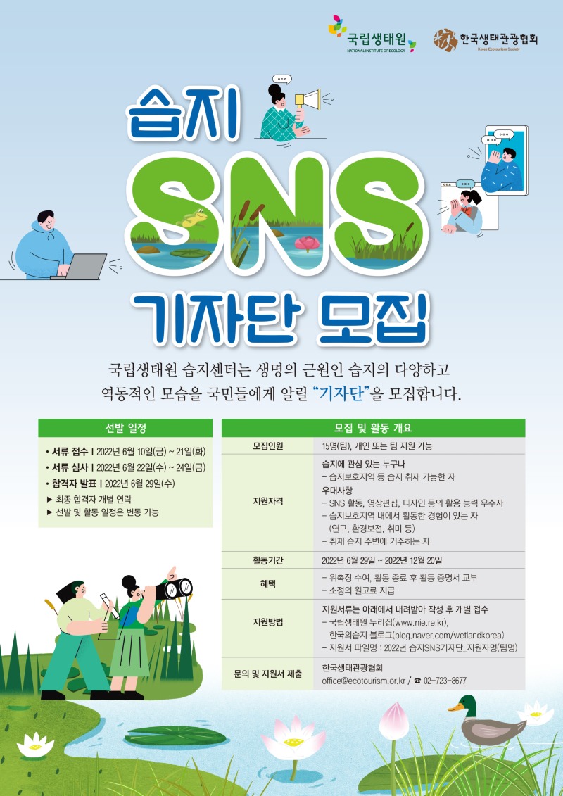 국립생태원,국생태관광협회습지 SNS 기자단 모집국립생태원 습지센터는 생명의 근원인 습지의 다양하고 역동적인 모습을 국민들에게 알릴 “기자단”을 모집합니다.선발 일정• 서류 접수 | 2022년 6월 10일(금) ~ 21일(화) · 서류 심사 | 2022년 6월 22일(수) ~ 24일(금) · 합격자 발표 | 2022년 6월 29일(수) ▶ 최종 합격자 개별 연락 ▶ 선발 및 활동 일정은 변동 가능모집 및 활동 개요모집인원 : 15명(팀), 개인 또는 팀 지원 가능지원자격습지에 관심 있는 누구나- 습지보호지역 등 습지 취재 가능한 자우대사항- SNS 활동, 영상편집, 디자인 등의 활용 능력 우수자- 습지보호지역 내에서 활동한 경험이 있는 자(연구, 환경보전, 취미 등)- 취재 습지 주변에 거주하는 자활동기간2022년 6월 29일 ~ 2022년 12월 20일혜택- 위촉장 수여, 활동 종료 후 활동 증명서 교부- 소정의 원고료 지급지원방법지원서류는 아래에서 내려받아 작성 후 개별 접수- 국립생태원 누리집(www.nie.re.kr), | 한국의습지 블로그(blog.naver.com/wetlandkorea)- 지원서 파일명 : 2022년 습지SNS기자단 지원자명(팀명)문의 및 지원서 제출한국생태관광협회 office@ecolourism.or.kr / 0 02-723-8677